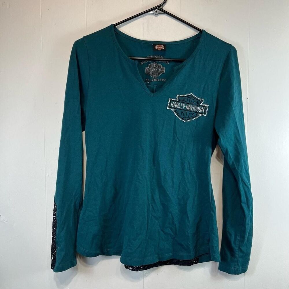Harley-Davidson Green Teal & Black Long Sleeved Jeweled Lace Tee Houston TX
